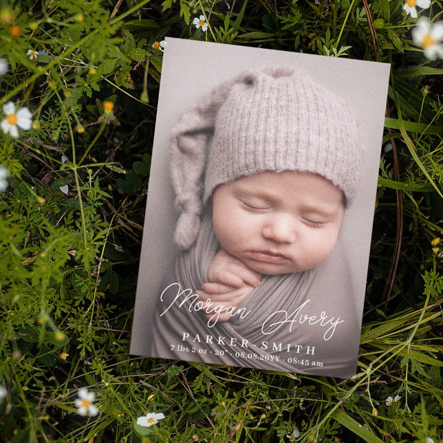 Neutral White Name Signature Script New Baby Photo Announcement (Creator Uploaded)