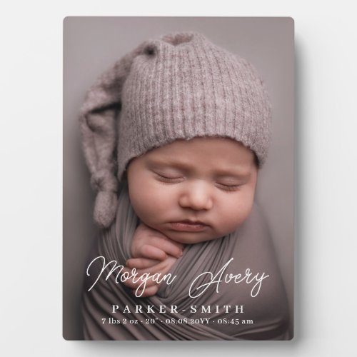 Neutral White Name Signature Script New Baby Photo Plaque
