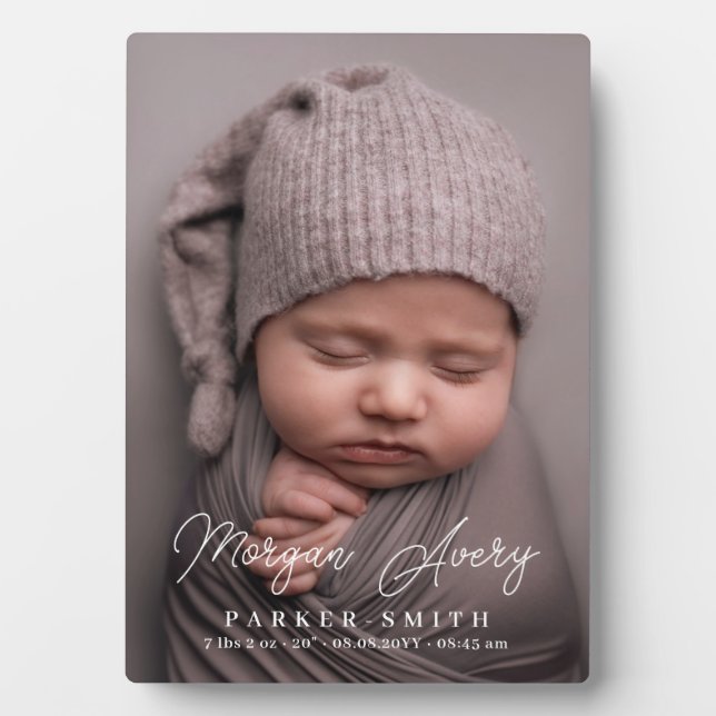 Neutral White Name Signature Script New Baby Photo Plaque (Front)
