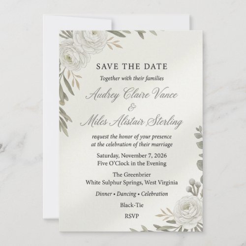 Neutral White Ranunculus & Olive Branch Save Invitation