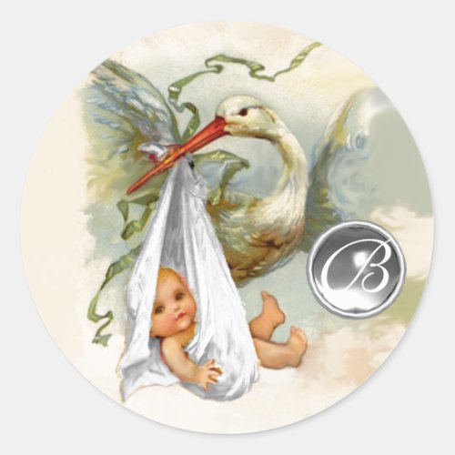 NEUTRAL WHITE STORK BABY SHOWER GEMSTONE MONOGRAM CLASSIC ROUND STICKER