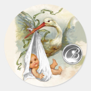 NEUTRAL WHITE STORK BABY SHOWER GEMSTONE MONOGRAM CLASSIC ROUND STICKER