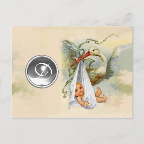 NEUTRAL WHITE STORK BABY SHOWER GEMSTONE MONOGRAM INVITATION POSTCARD