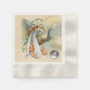 NEUTRAL WHITE STORK BABY SHOWER GEMSTONE MONOGRAM NAPKINS