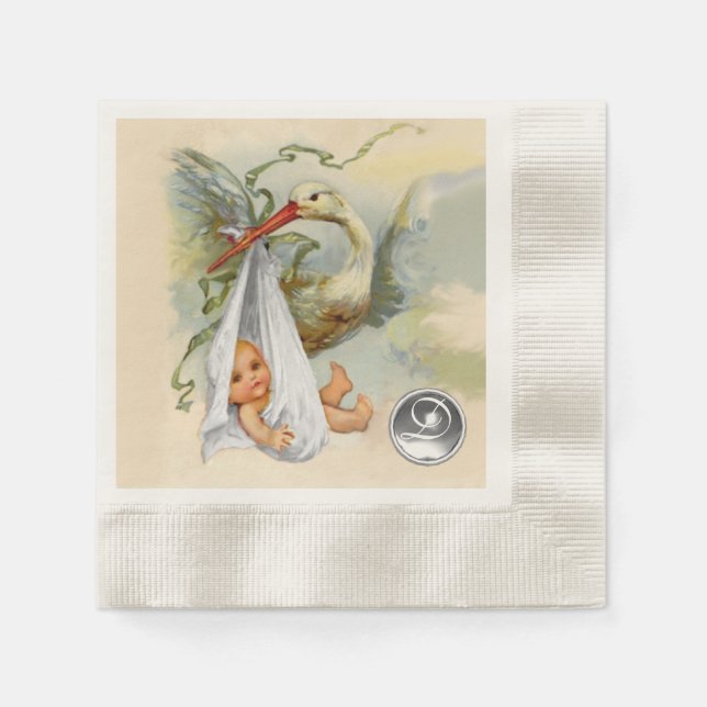 NEUTRAL WHITE STORK BABY SHOWER GEMSTONE MONOGRAM NAPKINS (Front)