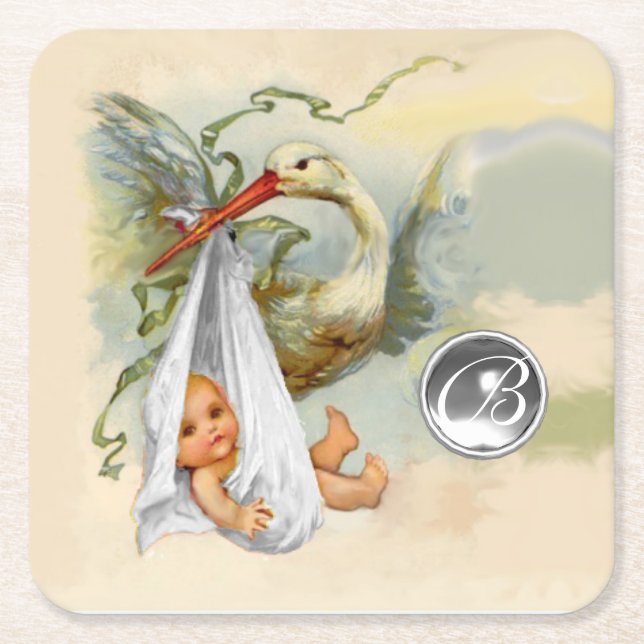NEUTRAL WHITE STORK BABY SHOWER GEMSTONE MONOGRAM SQUARE PAPER COASTER (Front)