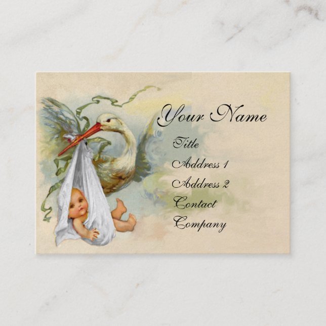 NEUTRAL WHITE STORK BABY SHOWER Pearl paper Business Card (Front)
