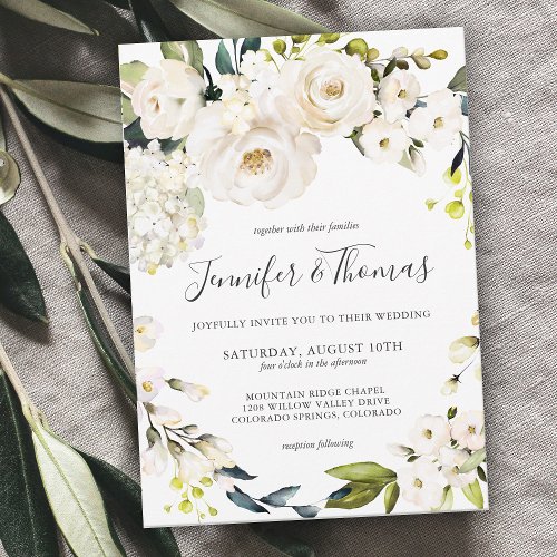 Neutral White Watercolor Floral Wreath Wedding Invitation