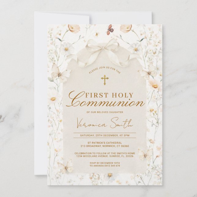 Neutral Wildflower Ivory First Holy Communion Invitation (Front)
