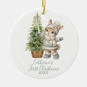 Neutral Winter Pine Tree Christmas Bunny Winter Ceramic Ornament