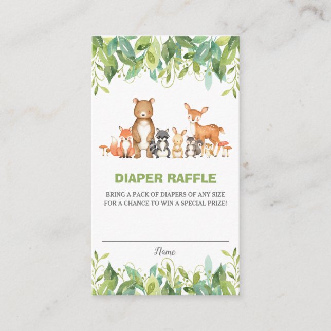 Neutral Woodland Animals Greenery Diaper Raffle Enclosure Card (Front)