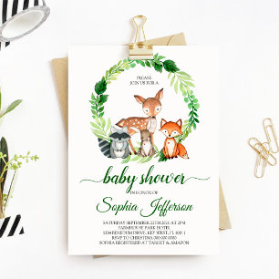 Neutral Woodland Baby Shower Forest Animals Green Invitation