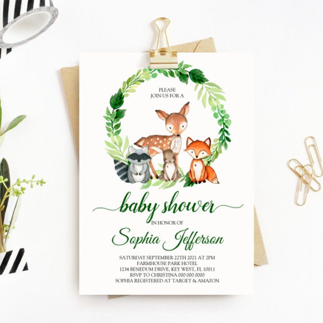 Neutral Woodland Baby Shower Forest Animals Green Invitation (Creator Uploaded)