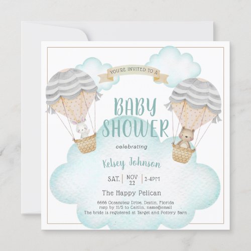 Neutral Woodland Balloon Teddy Bear Baby Shower Invitation