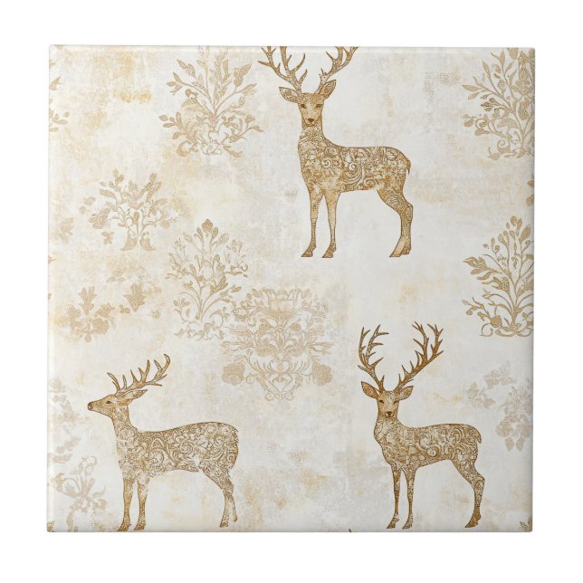 Neutral Woodland Deer Pattern Ceramic Tile (Front)
