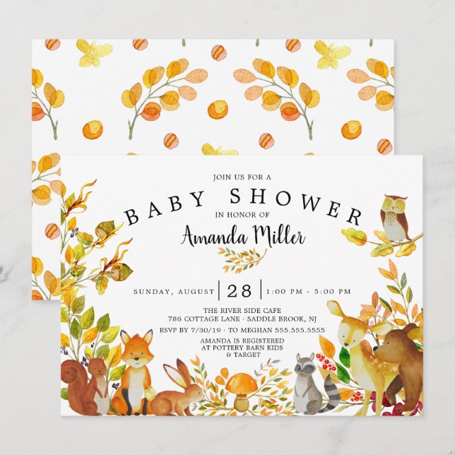 Neutral Woodland Forest Animals Baby Shower Invitation (Front/Back)