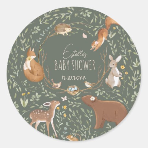 Neutral Woodland Forest Friends Baby Shower Classic Round Sticker