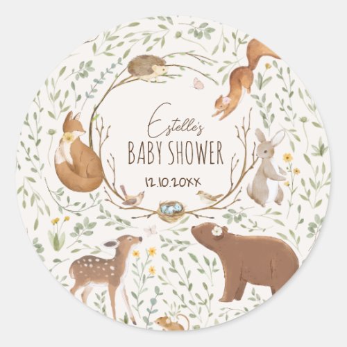 Neutral Woodland Forest Friends Baby Shower Classic Round Sticker