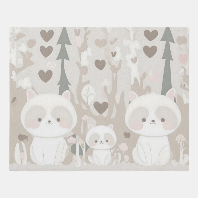 Neutral Woodland Nursery Rug - Cute Raccoons (Front)