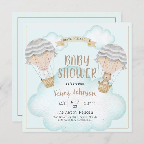 Neutral Woodland Teddy Balloon Bear Baby Shower Invitation