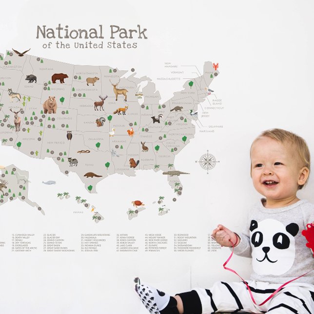 Neutral Woodland US National Parks Map Nursery  Wall Decal (Neutral Woodland US National Parks Map Nursery Wall Decal)