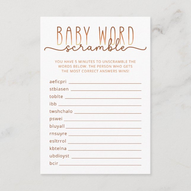 Neutral Word Scramble Baby Shower Game Card (Front)