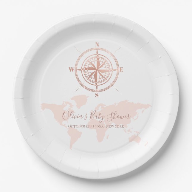 Neutral World Map Travel Adventure Baby Shower  Paper Plates (Front)
