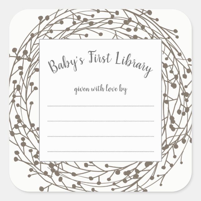 Neutral wreath baby shower book plate sticker (Front)