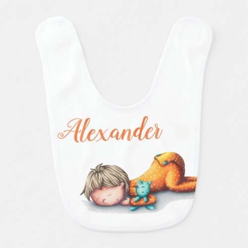 Neutral yellow Baby bib with a baby sleeping