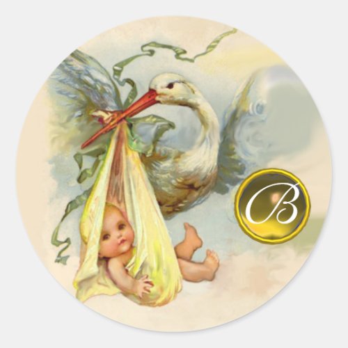 NEUTRAL YELLOW STORK BABY SHOWER GEMSTONE MONOGRAM CLASSIC ROUND STICKER