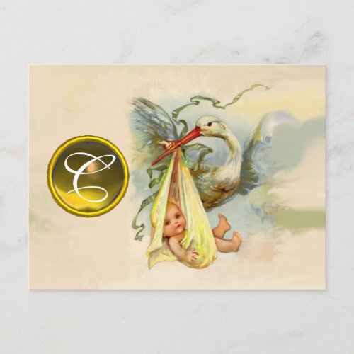 NEUTRAL YELLOW STORK BABY SHOWER GEMSTONE MONOGRAM INVITATION POSTCARD