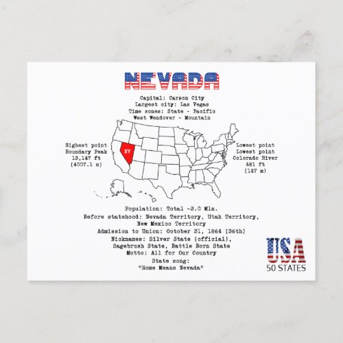 Nevada American state on a map and useful info Holiday Postcard