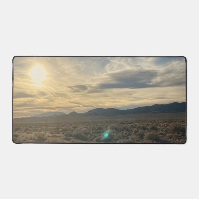 Nevada Desert Sunset – Golden Sky Over Horizon Desk Mat (Front)