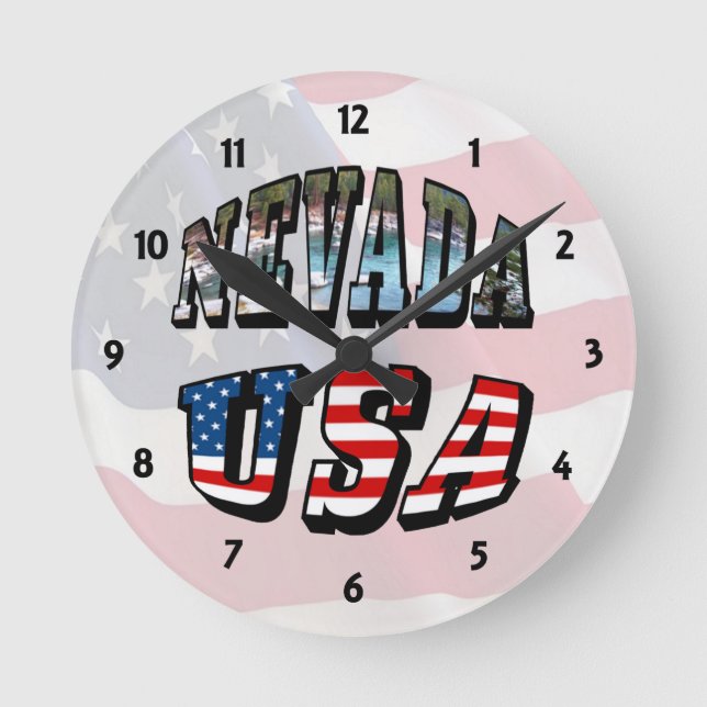 Nevada Picture and USA Flag Text Round Clock (Front)