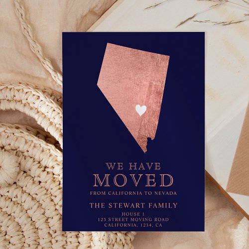 Nevada state map navy rose gold home moving announcement postcard