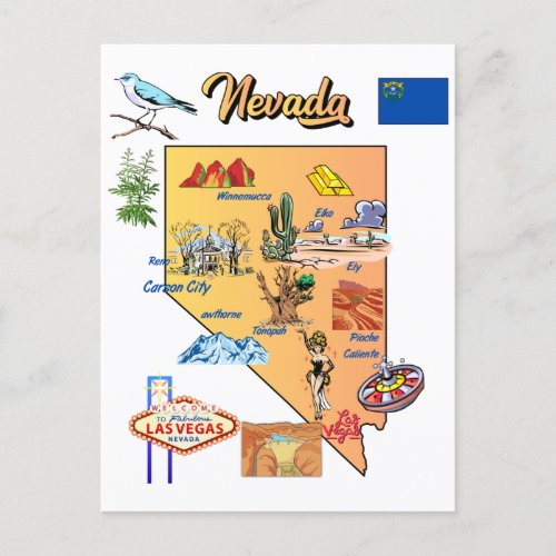 Nevada state Map with Tourist Destinations Postcard