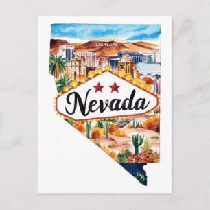 Nevada USA State Shaped Vintage Watercolor Postcard