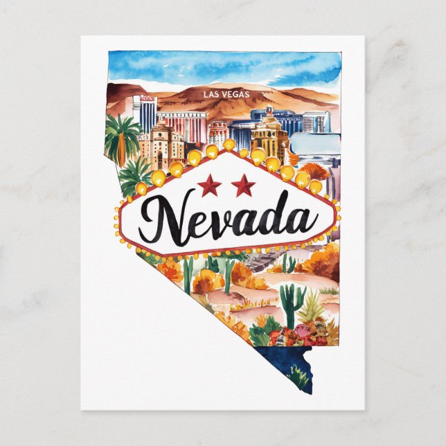Nevada USA State Shaped Vintage Watercolor Postcard (Front)