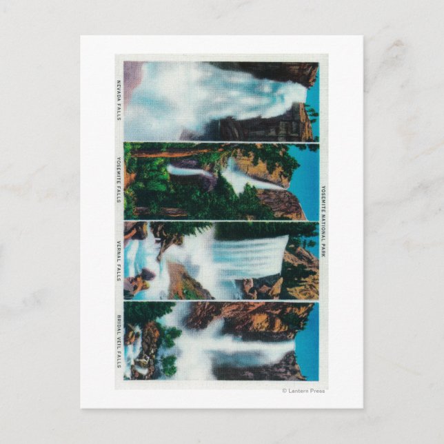 Nevada, Yosemite, Vernal, and Bridal Veil Falls Postcard (Front)