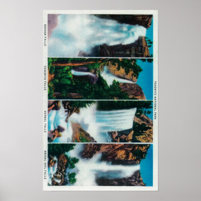 Nevada, Yosemite, Vernal, and Bridal Veil Falls Poster (Front)