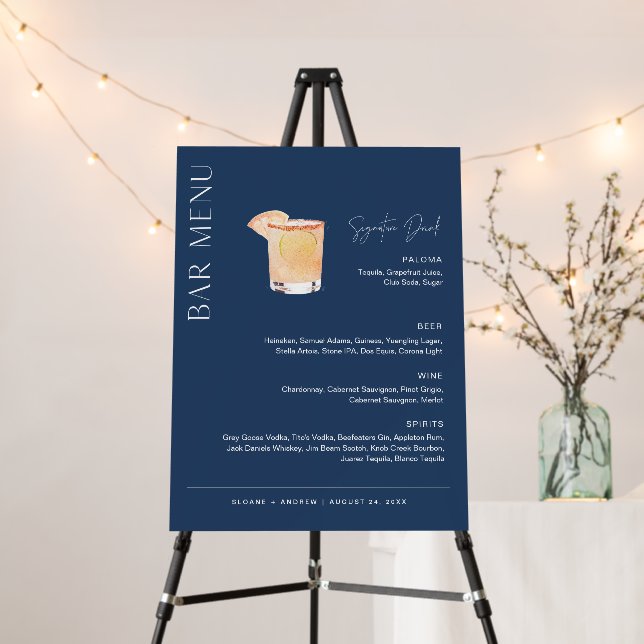 NEVE Navy Wedding Bar Menu, Signature Drink Foam Board (In Situ (Stand))