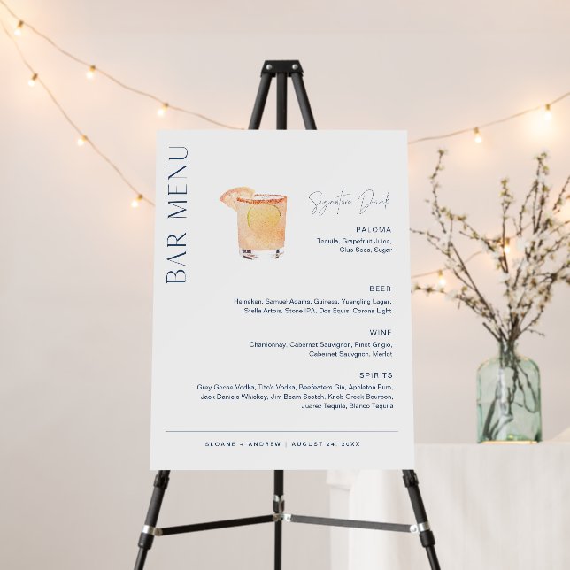 NEVE Navy Wedding Bar Menu, Signature Drink Foam Board (In Situ (Stand))