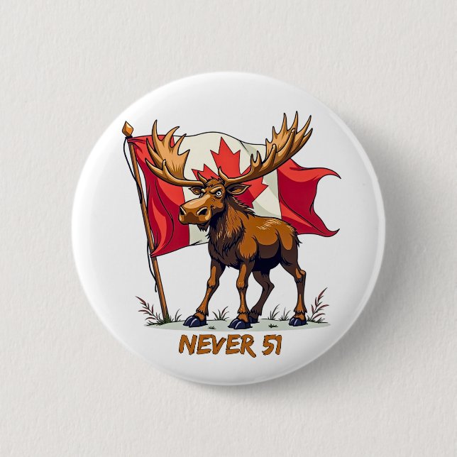 Never 51, Moose, Canadian Flag Maple Leaf Button (Front)