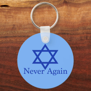 Never Again Jewish Holocaust Remembrance Blue Keychain