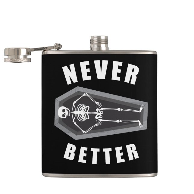 Never Better Dead Inside Skeleton Halloween Flask (Opened)