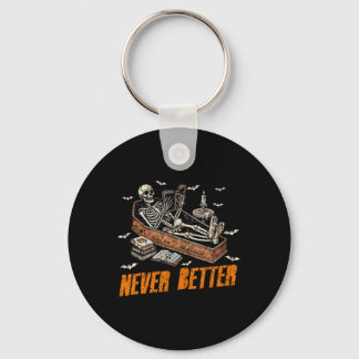 Never Better Funny Skeleton Reading Book In Coffin Keychain