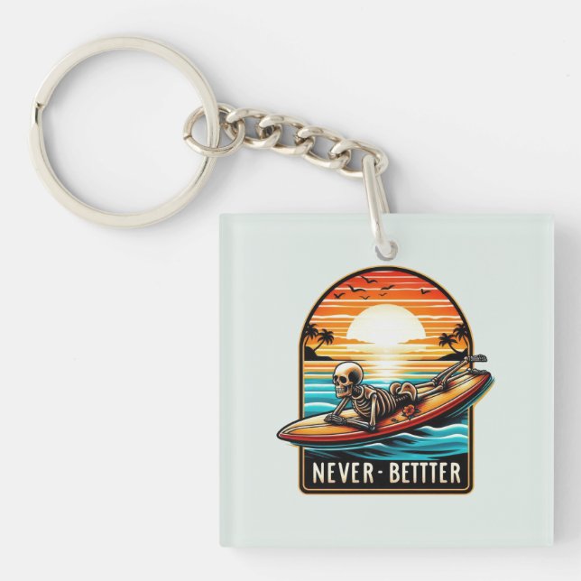 Never Better - Skeleton Surfing Sunset Wave Keychain (Front)
