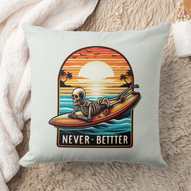 Never Better - Skeleton Surfing Sunset Wave Throw Pillow (Blanket)