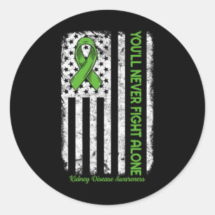 Never Fight Alone Flag Green Kidney Disease Awaren Classic Round Sticker