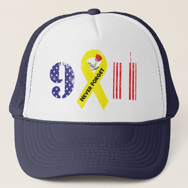 Never Forget 9 11 Yellow Ribbon Trucker Hat (Front)